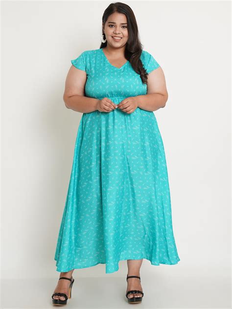 Buy Uandf Womens Plus Size Turquoise Blue Ethnic Motifs Crepe Maxi Dress