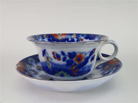 Antique Pekin Oversized Flow Blue Cup And Saucer Royal Staffordshire Mist Antiques