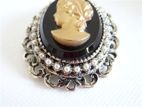 Victorian Style Cameo Brooch Pin With Gold Portrait On Black Etsy