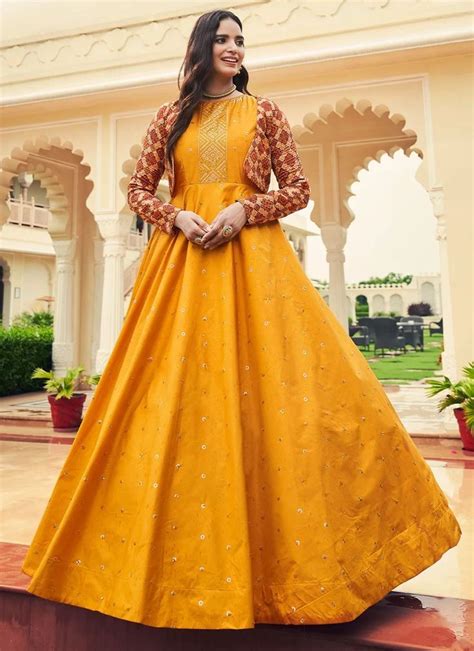 Shop Cotton Designer Mustard Anarkali Gown With Koti Gunj Fashion In