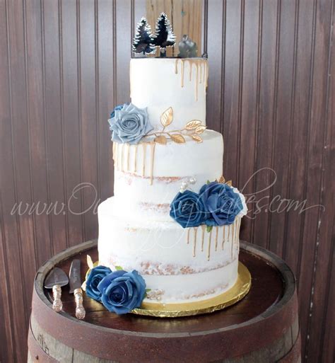 Blue Rose Gold Drip Semi Naked Wedding Cake