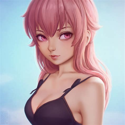 Miura N315 Gasai Yuno Mirai Nikki 1girl Bangs Black Bra Blue Background Bra Closed Mouth