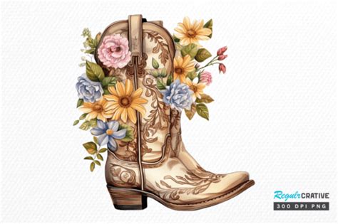 Watercolor Western Floral Boots Clipart Graphic By Regulrcrative