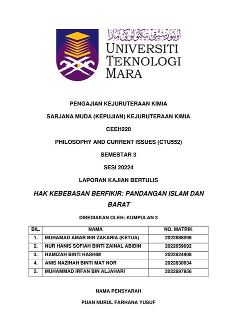 Kertas Kerja Ctu Pengajian Kejuruteraan Kimia Sarjana Muda