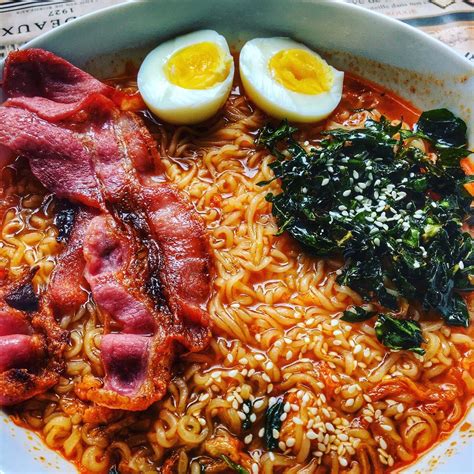 Yum Yum Spicy Kimchi Ramen With Baconeggs And Krispy Cabbage Rramen