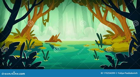 Vector Landscape With Swamp In Rain Forest Stock Vector Illustration