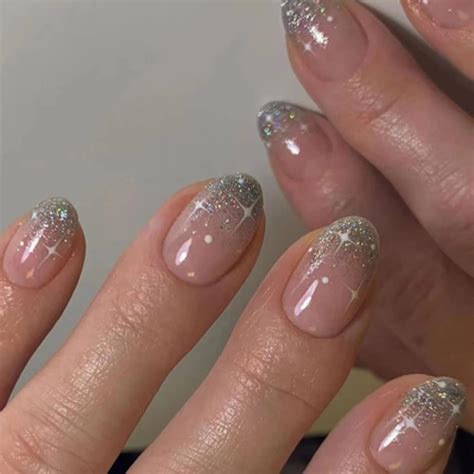 Agasar Pcs Short Oval False Nails Glitter Silver Tip Stick On Nails Nude Pink Press On Nails