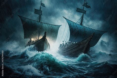 Viking Ships Fighting The Storm Wooden Boats Of The Vikings Setting