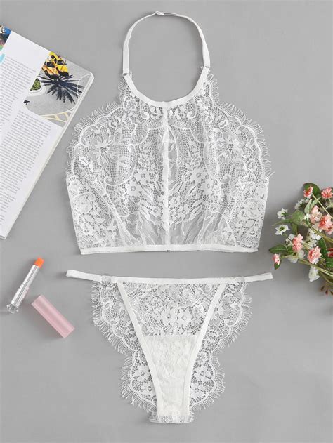 Eyelash Lace Halter Bralette And Pantie Lingerie Set Shein Sheinside