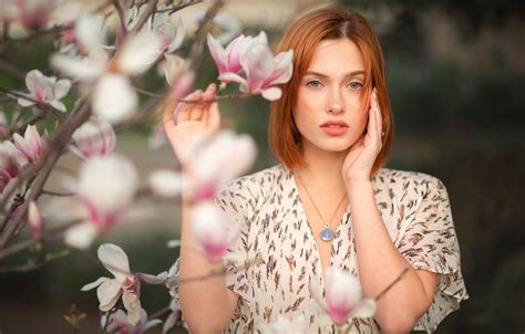 Wallpaper Look Girl Branches Face Hands Red Redhead Flowers For