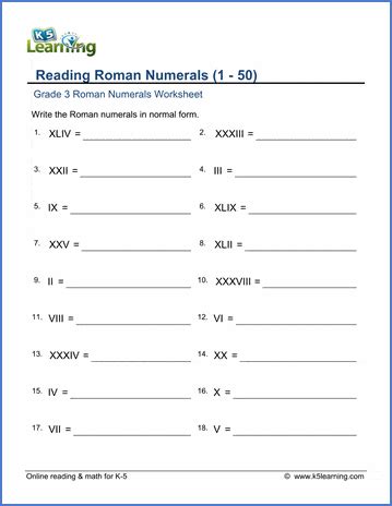 Roman Numerals Worksheets K5 Learning