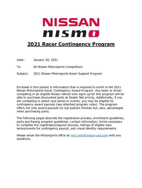 Fillable Online Nissan Motorsports Contingency Program Fax Email Print