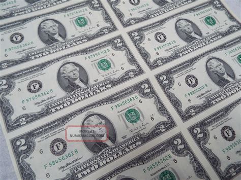 Rare Sheet Of Uncut Us Two Dollar Bills Uncirculated