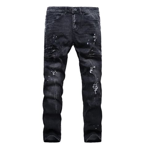 Fashion Men Black Jeans Slim Fit Man Denim Hiphop Swag Stretch Ripped Jeans For Men Moto Biker