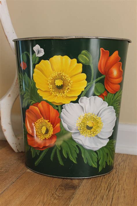 Vintage Metal Trash Can With Flowers Metal Trash Can Vintage Etsy Vintage Office Decor