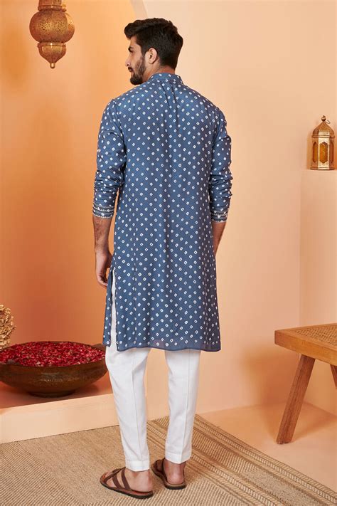 Buy Blue Printed Modal Kurta For Men Fgmnk Farida Gupta