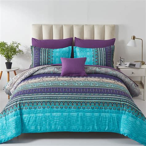 Boho Comforter Set Queen Size 8 Piece Bed In A Bag Bohemian Striped Bedding Quilt Set Aqua