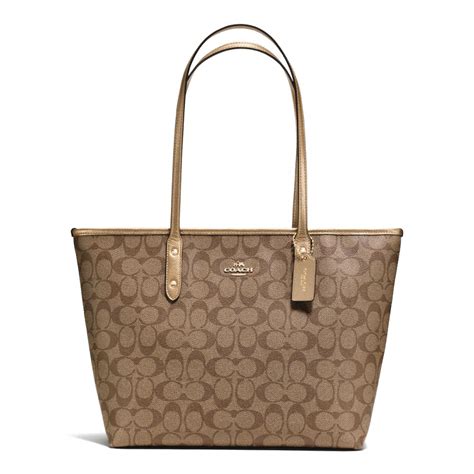 Spreesuki Coach Signature City Zip Tote Khaki Gold F