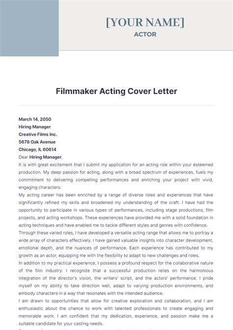 Free Filmmaker Acting Cover Letter Template Edit Online And Download