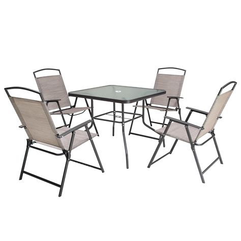 Pellebant 5 Piece Beige Outdoor Patio Dining Set Table With Umbrella Hole And 4 Chairs