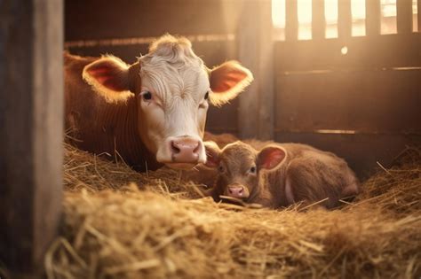 Premium Photo Calf And Cow In The Farm Animal Husbandry Concept