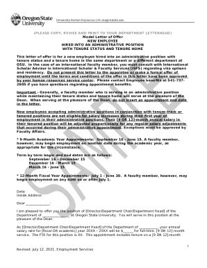 Sample Offer Letter New Employee Administrative Faculty With Tenure