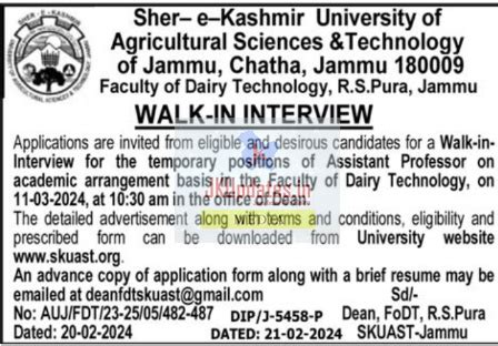 Skuast Jammu Job Recruitment Jkupdates Govt Private Jobs News