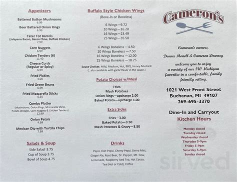 Camerons Restaurant Menus In Buchanan Michigan United States