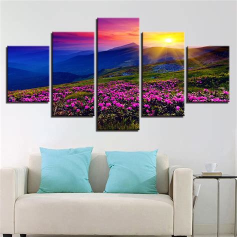 2020 Flower Field Mountains Sunrise Landscape Canvas Paintings Home