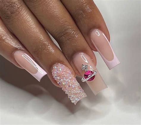 Pink French Tip With Vivienne Westwood Charm Unique Acrylic Nails