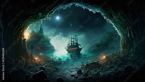 An Underground Ocean A Pirate Ship In The Foreground Fantasy City On