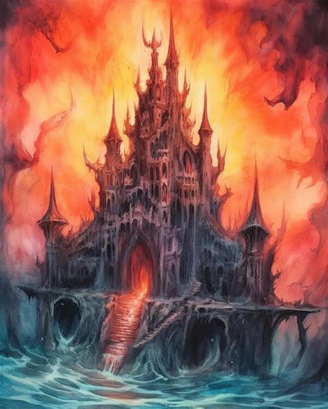 Premium Ai Image The Demon Castle Is In Hell Watercolor Style