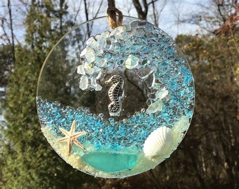 Coastal Crushed Glass Crashing Wave Seashell Suncatcher Ornament