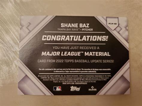 Shane Baz Topps Update Major League Material Jersey Relic Rookie