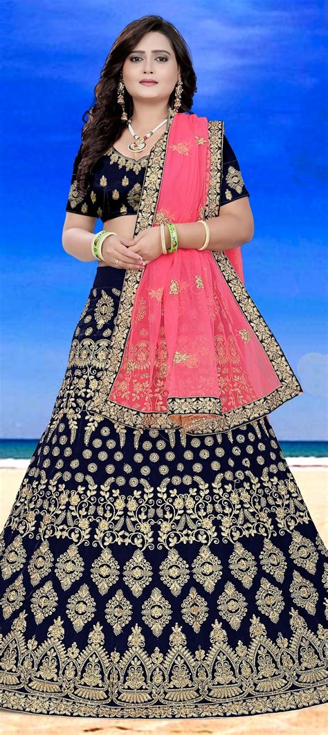 1536102 Bridal Blue Color Velvet Fabric Lehenga