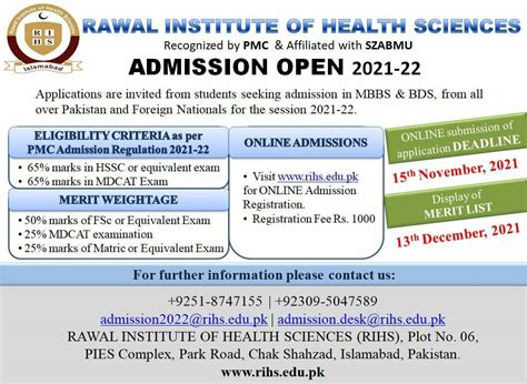 Rawal Institute Of Health Sciences Rihs Mbbs And Bds Admission 2023 24