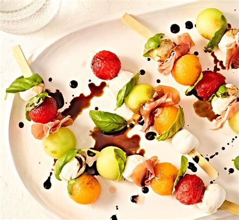 Melon Skewers With Fresh Mozzarella Prosciutto And Basil The