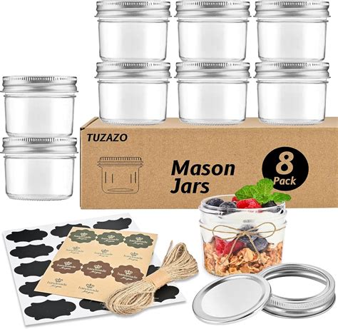 Tuzazo Small Mason Jars 8 Pack 4 Oz Mini Glass Mason Jars With Lids And Labels