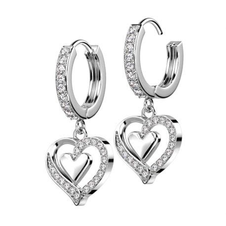 Paire Boucles D Oreille Anneaux Plaqu Platine Coeurs Strass