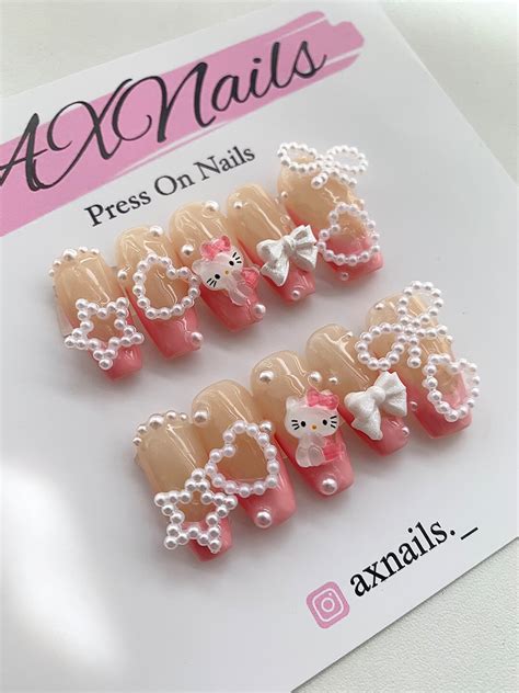 Hello Kitty Press On Nails Kawaii Nails Pearls Pink French Tip Anime Nails Press Ons Coffin