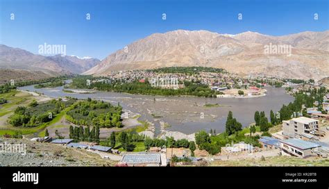 Top view of Indus river and Kargil City valley in Ladakh, Jammu and ...