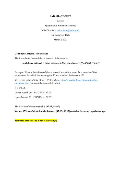 Lab 5 Handout Overview Of Confidence Intervals And Hypothesis Tests