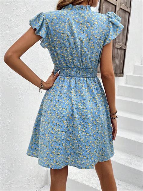 Shein Vcay Ditsy Floral Print Notched Neckline Butterfly Sleeve Dress