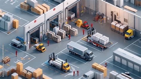 Isometric Large Modern Warehouse With Forklifts And Truck Interior Of A