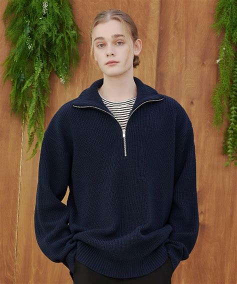 MUSINSA BLOND9 HALF ZIP UP RIB KNIT TOP NAVY