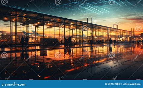 Busy Airport Terminal With Motion Blur And Glowing Lights Icm Style