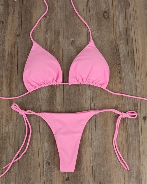Solid Color Hanging Neck Lace Up Micro Bikini Pink L In Bikini Sets Online Store Best For