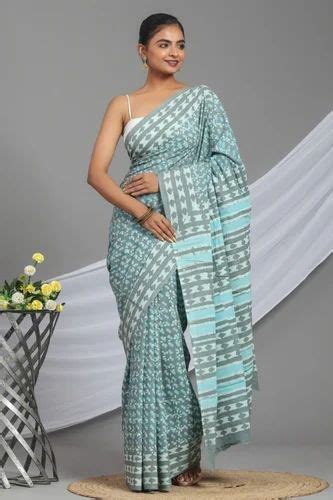 Sea Green Hand Block Printed Cotton Saree 63 M With Blouse Piece At Best Price In Jaipur