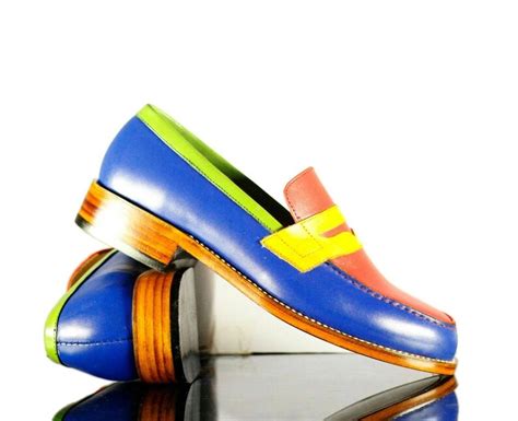 Men Handmade Multi Color Leather Penny Loafer Mens Casual Etsy