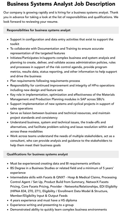 Business Systems Analyst Job Description Velvet Jobs